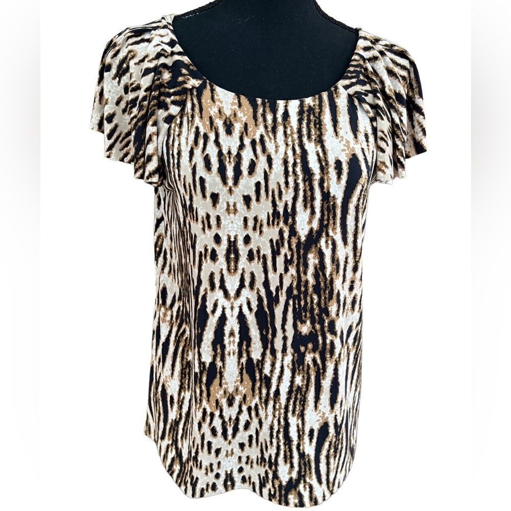 Anne Klein animal print top with round neck and flutter sleeves size S.